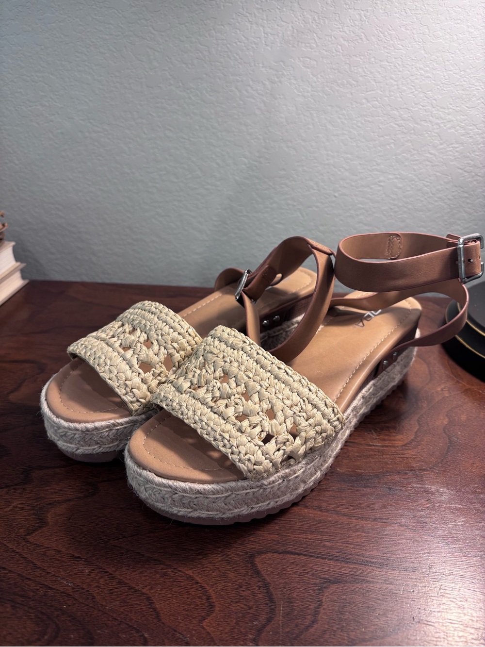 Soda Cream Woven Espadrille Platform Sandal with Brown Ankle Strap